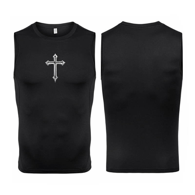 Crossfit Gym - Cross Print Mouwloze Compressie Shirt Voor